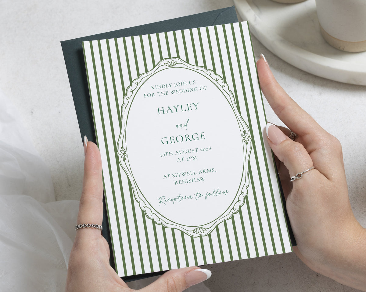 Green Striped Wedding Invitations, Elegant Wedding Invite, Classic Personalised Wedding Invitation Suite, Vintage Frame Wedding Stationery