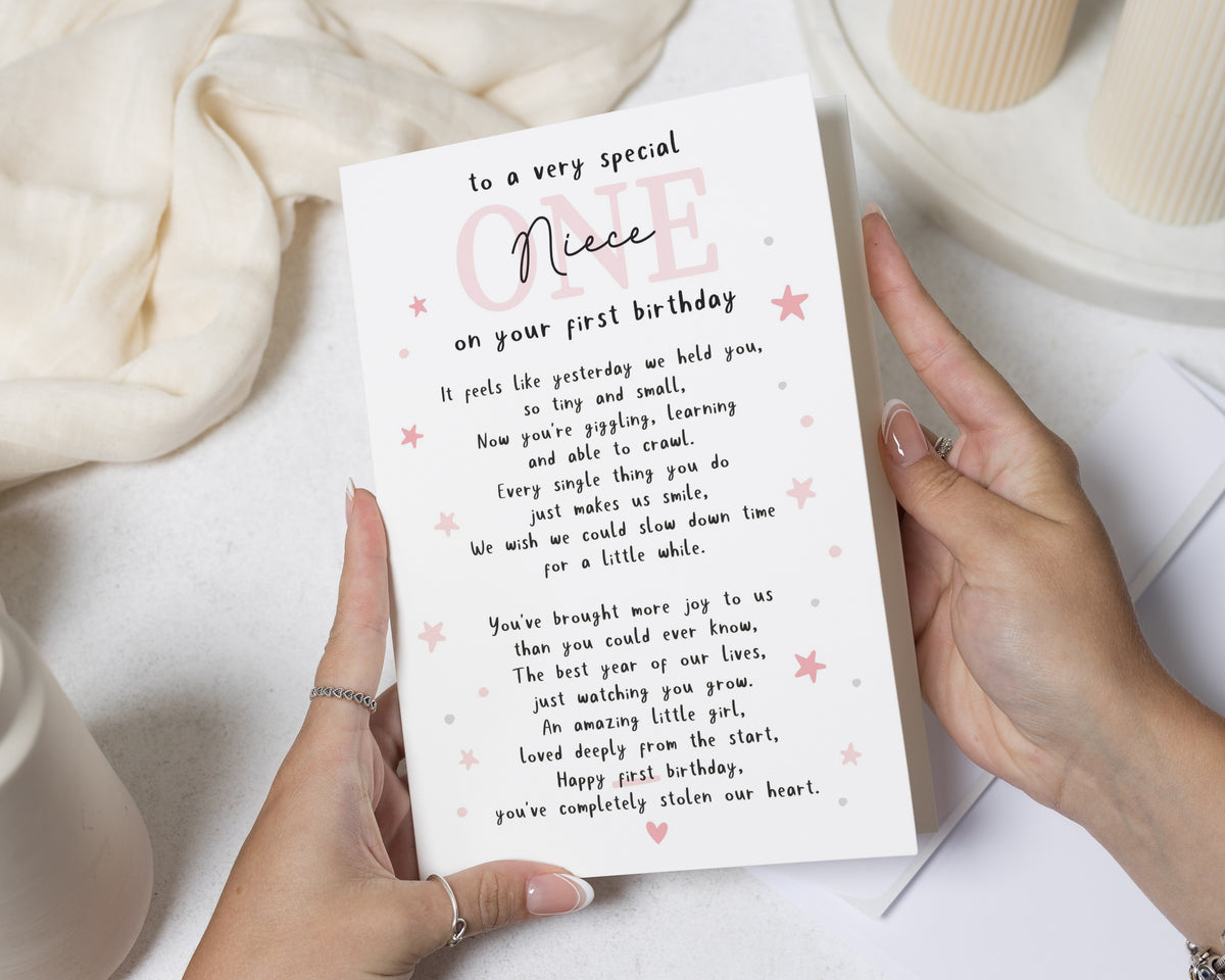 1st Birthday Card for Niece, First Birthday Card for Girl, Niece Birthday Cards, Cute Poem Birthday Card, Pink 1st Birthday Card