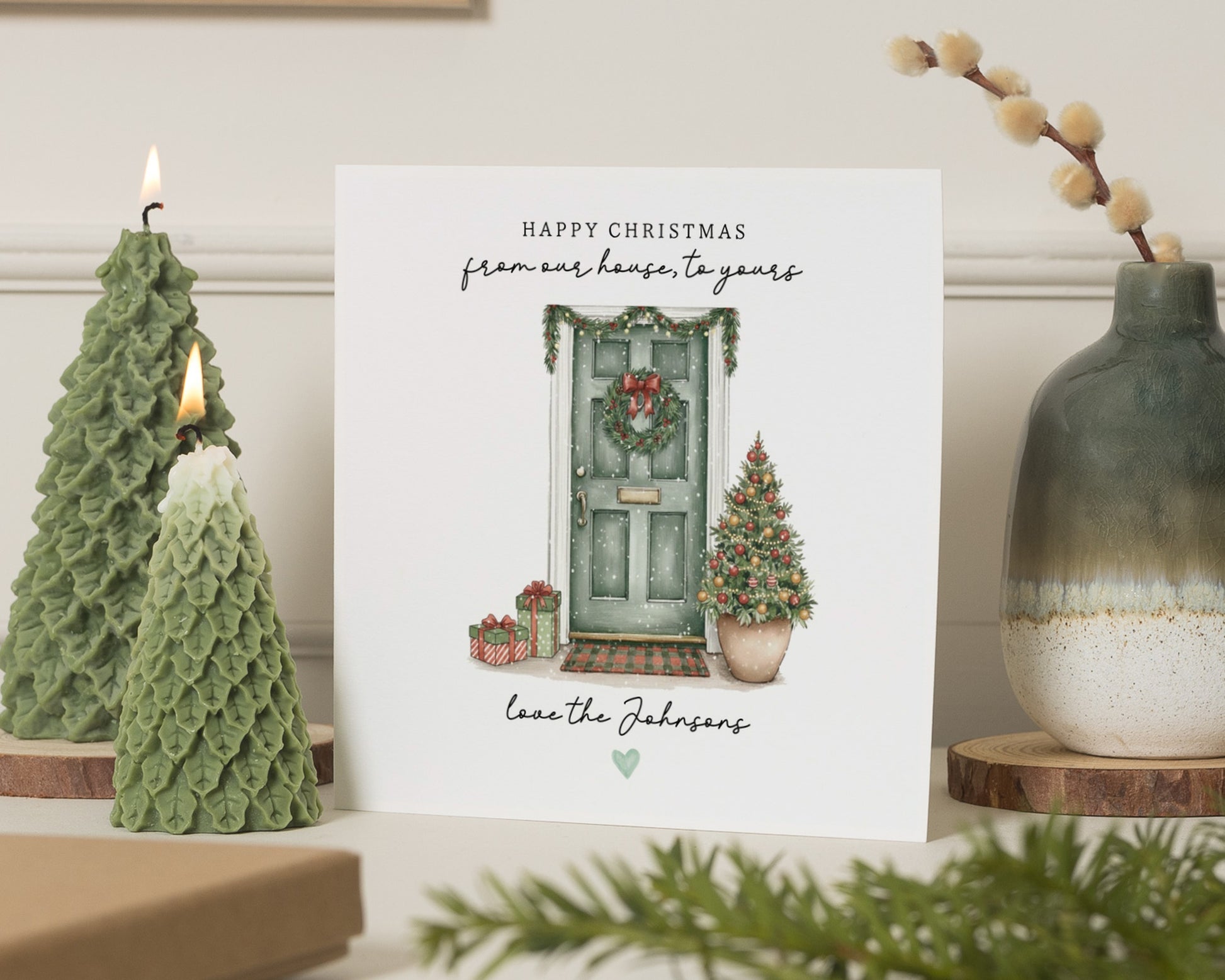 Personalised Christmas Card, From Our House To Yours, Square Christmas Card, Custom Family Name, Christmas Card With Door Design
