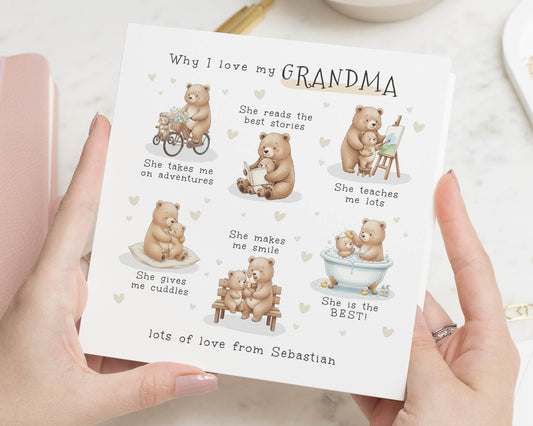 Grandma Birthday Card, Personalised Card for Grandma, Birthday Card from Grandchild, Cute Bear Card, Why I Love My Grandma Card