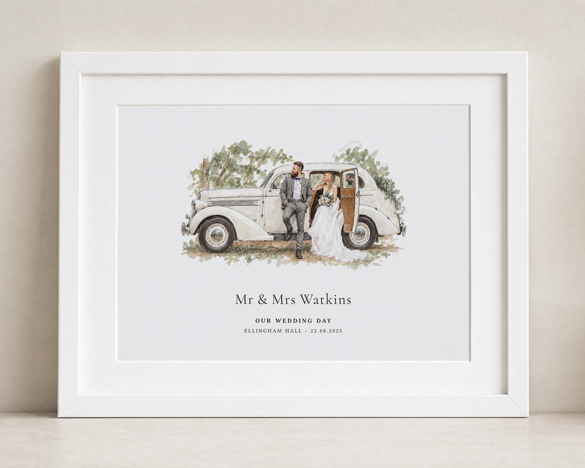 Personalised Wedding Car Print, Illustrated Wedding Wall Art, Wedding Gift for Couple, Anniversary Gift, White Framed Print With Mount