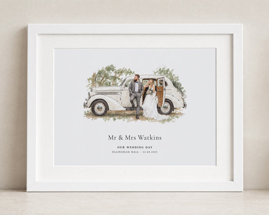 Personalised Wedding Car Print, Illustrated Wedding Wall Art, Wedding Gift for Couple, Anniversary Gift, White Framed Print With Mount