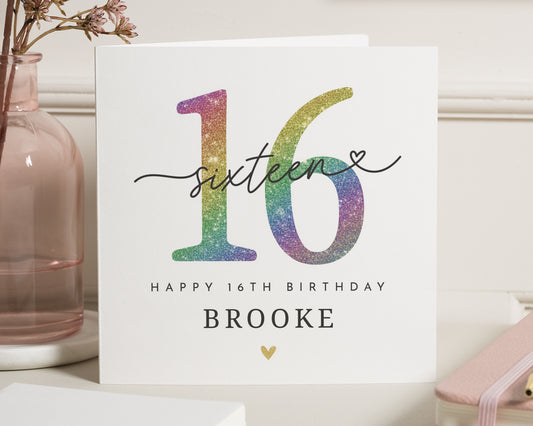 16th Birthday Card, Personalised Birthday Card for Girl, Birthday Card for Daughter, Rainbow Birthday Card, Sweet 16 Card