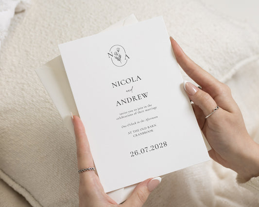 Monogram Wedding Invitations, Minimalist Floral Wedding Invite, Elegant Black and White Invitation Suite, Personalised Wedding Stationery