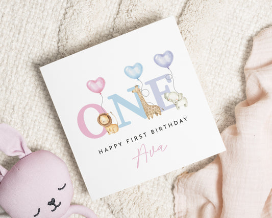 1st Birthday Card Girl, Personalised First Birthday Card, Safari Animals, Custom Name Card, Birthday Card Daughter