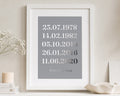 Personalised Silver Foil Family Dates Print, Warm Grey Wall Art, Family Gift, Gift for Parents, Living Room Portrait Print