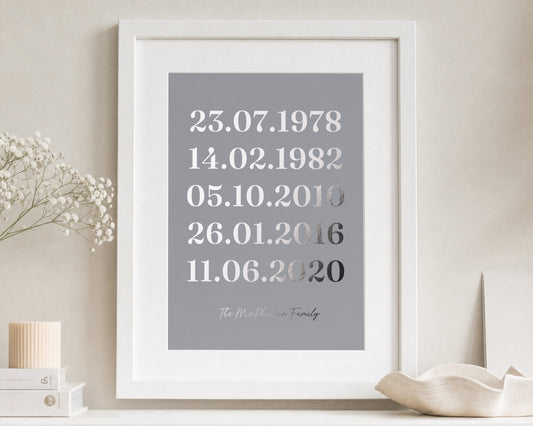 Personalised Silver Foil Family Dates Print, Warm Grey Wall Art, Family Gift, Gift for Parents, Living Room Portrait Print