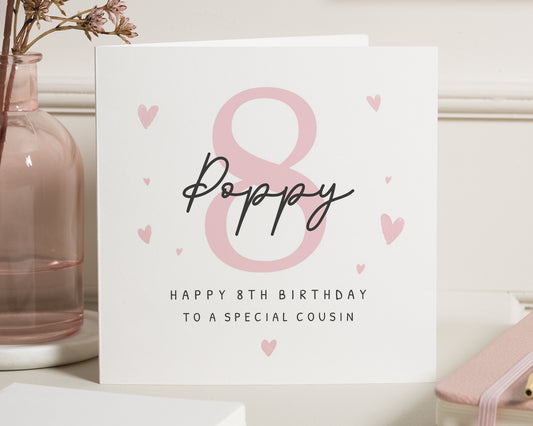 8th Birthday Card for Cousin, Personalised Birthday Card for Girl, Special Cousin Birthday Card, 8th Birthday Card for Her