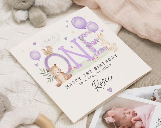 1st Birthday Card for Niece, Personalised First Birthday Card, Animal Birthday Card, Cute Birthday Card for Girl, Bunny Bear Woodland Card