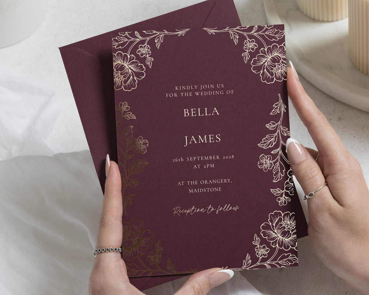 Gold Foil Burgundy Wedding Invitations, Floral Botanical Wedding Invite, Elegant Personalised Wedding Stationery