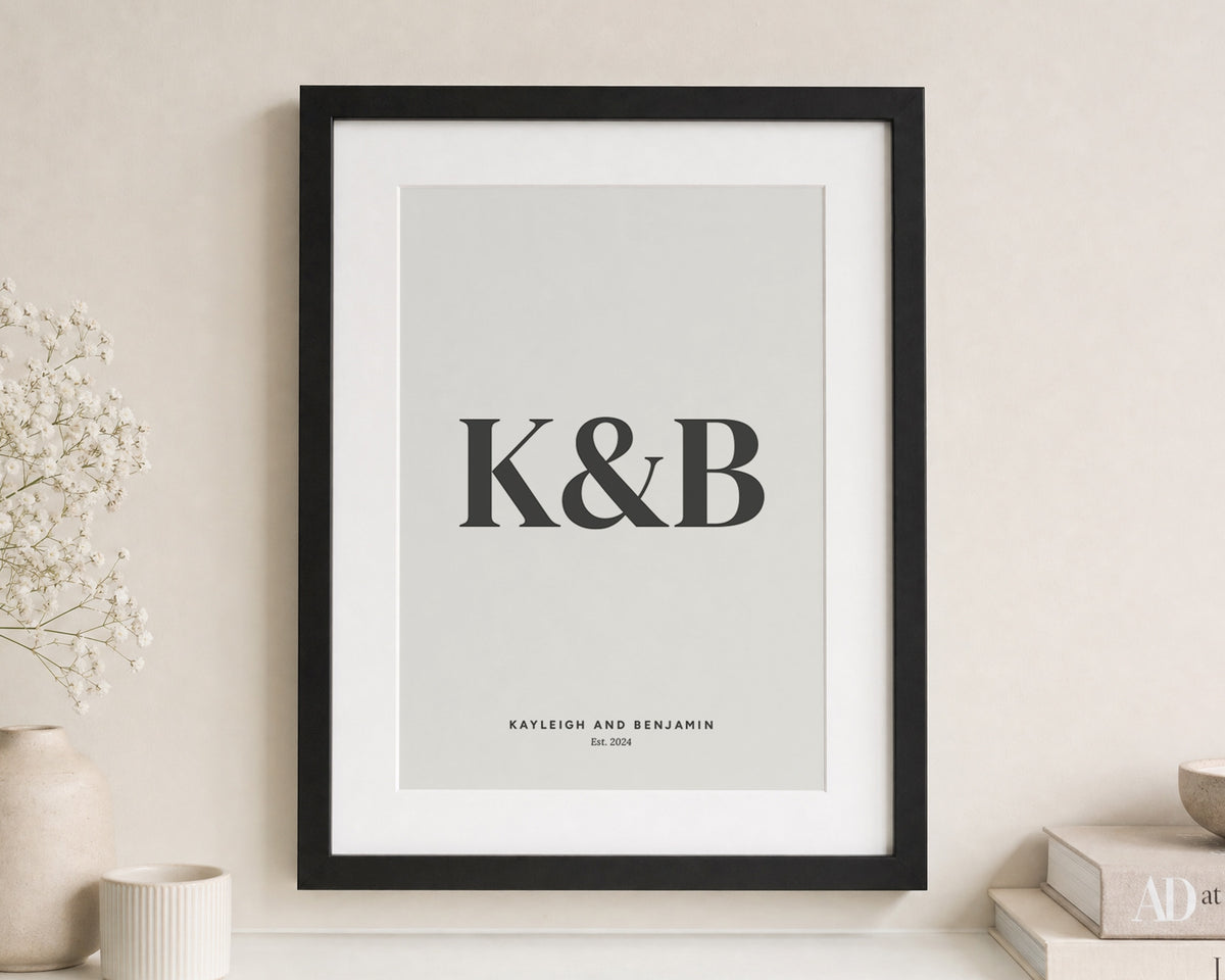 Personalised Couple Initials Print, Off White Wall Art, Wedding Gift, Anniversary Gift, Minimalist Monogram Framed Print