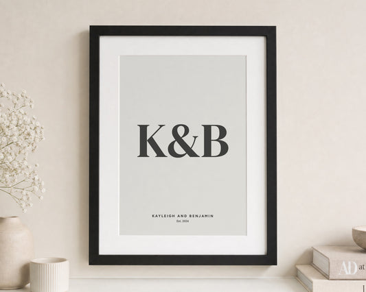 Personalised Couple Initials Print, Off White Wall Art, Wedding Gift, Anniversary Gift, Minimalist Monogram Framed Print