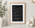Personalised Gold Foil Love Story Print, Black Wall Art, Couple Timeline, Wedding Anniversary Gift, New Home Gift, Portrait Print With Mount