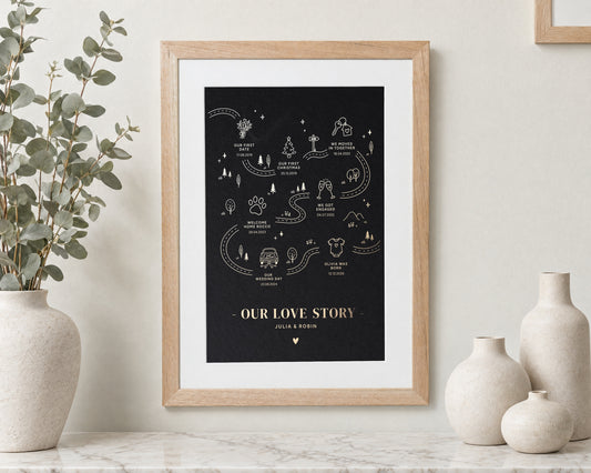Personalised Gold Foil Love Story Print, Black Wall Art, Couple Timeline, Wedding Anniversary Gift, New Home Gift, Portrait Print With Mount