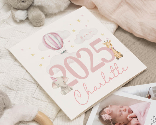 New Baby Card, Personalised Baby Girl Card, Born In 2025 Card, Baby Girl Keepsake, New Baby Girl Card, Baby Shower Card, Safari Animals Card