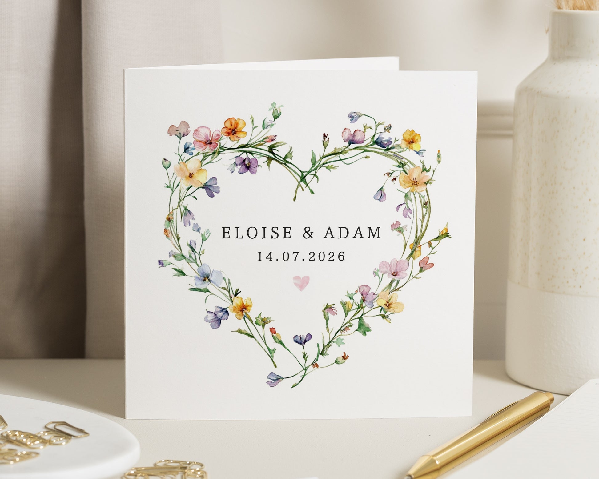 Personalised Wedding Card, Engagement Card, Floral Heart Card, Custom Names Card, Wedding Day Card, Anniversary Card, Romantic Card