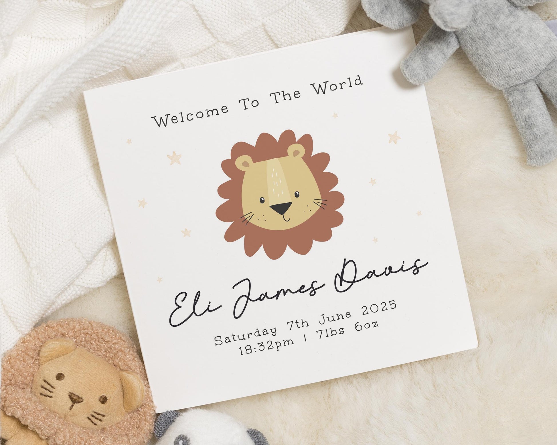 New Baby Card, Personalised Baby Card, Welcome To The World Card, Baby Lion Card, Baby Boy Card, Baby Girl Card, Animal Baby Card