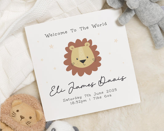 New Baby Card, Personalised Baby Card, Welcome To The World Card, Baby Lion Card, Baby Boy Card, Baby Girl Card, Animal Baby Card