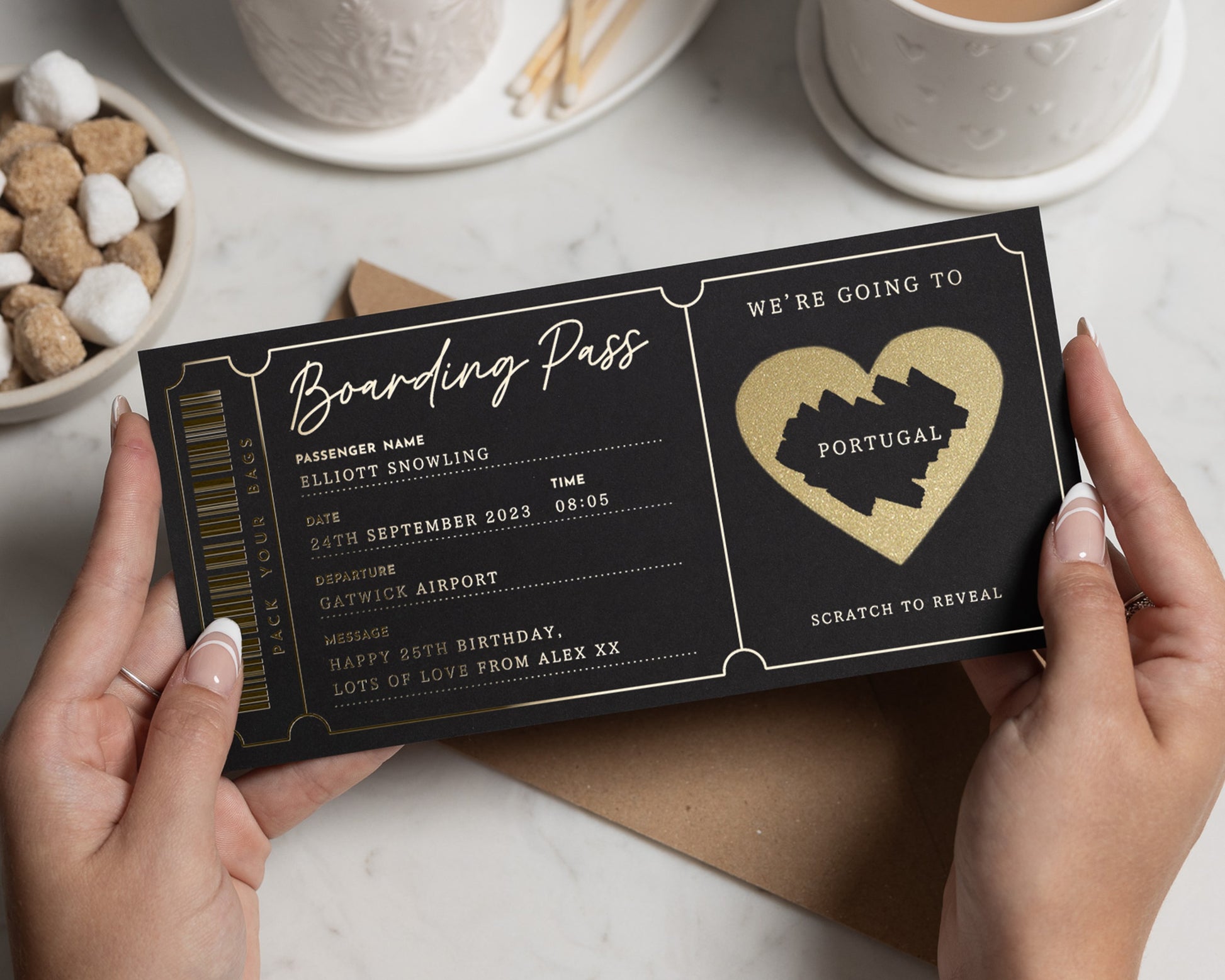 Personalised Holiday Reveal Ticket, Scratch To Reveal Gift, Gold Foil Boarding Pass, Surprise Trip Voucher