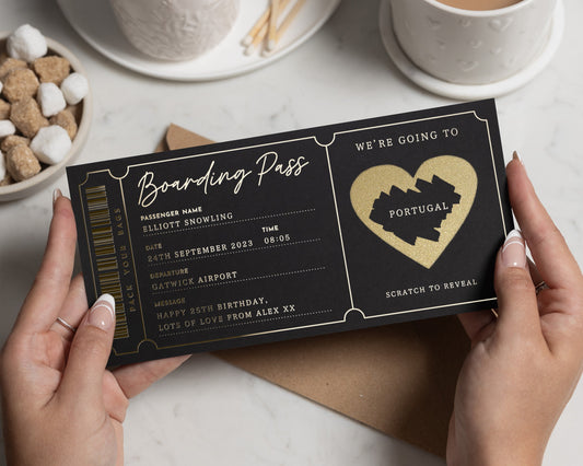 Personalised Holiday Reveal Ticket, Scratch To Reveal Gift, Gold Foil Boarding Pass, Surprise Trip Voucher