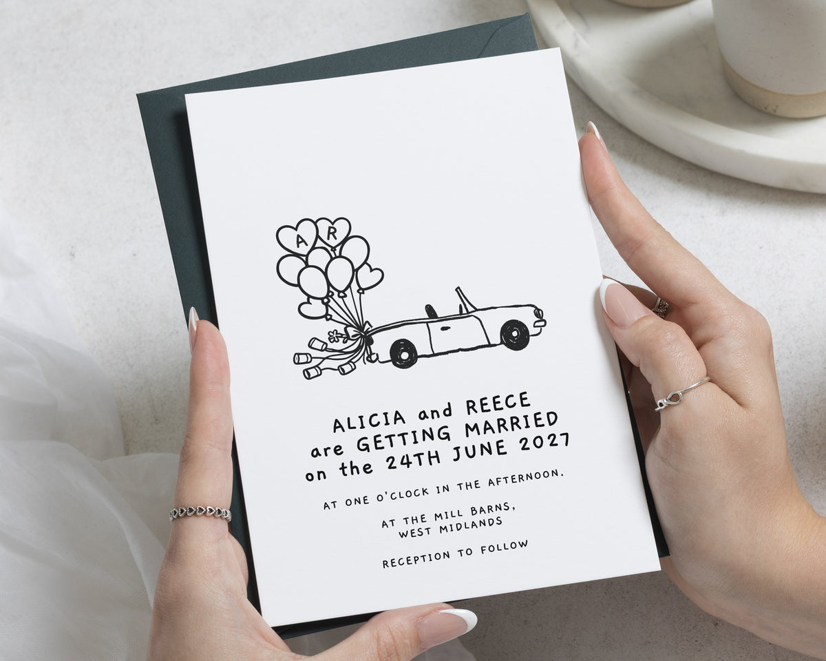 Illustrated Car Wedding Invitations, Balloon Wedding Invite, Black and White Personalised Wedding Invitation Suite, Fun Wedding Stationery