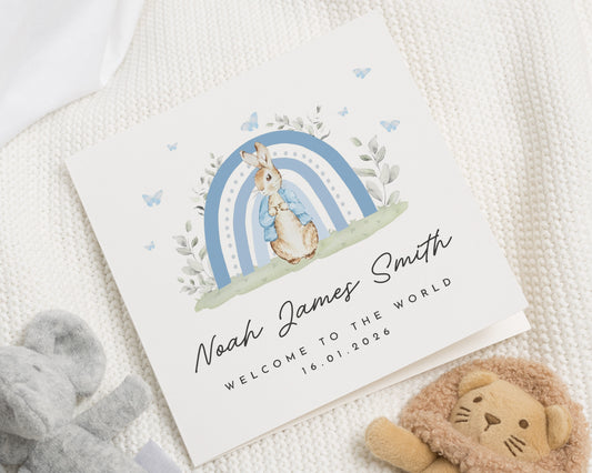 Personalised New Baby Card, Baby Boy Card, Bunny Card, Welcome To The World Card, Custom Baby Card, New Baby Gift, Baby Shower Card