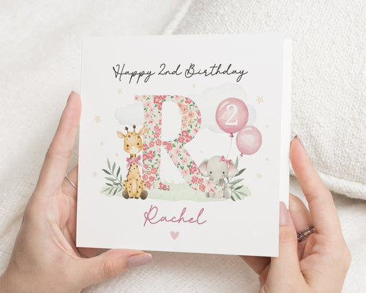 2nd Birthday Card for Girl, Personalised Birthday Card, Animal Birthday Card, Cute Giraffe Elephant Card, Custom Card for Daughter