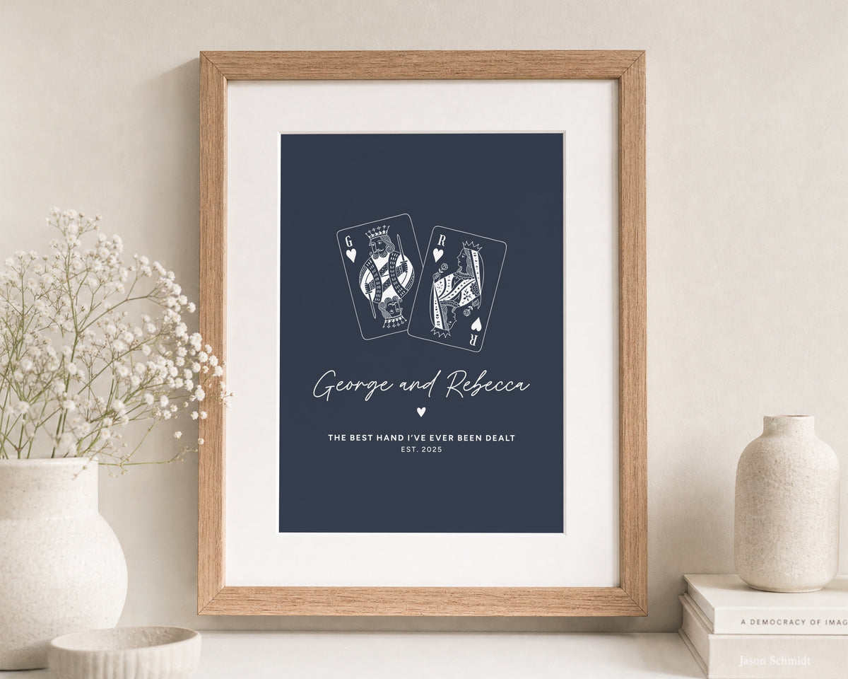 Personalised Couple Print, Playing Card Wall Art, Navy Blue Anniversary Gift, Gift for Couple, Romantic Bedroom Wall Art
