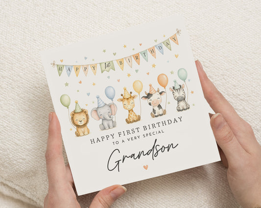 Personalised 1st Birthday Card for Grandson, First Birthday Card, Safari Birthday Card, Jungle Animal Card, Cute Birthday Card for Boy