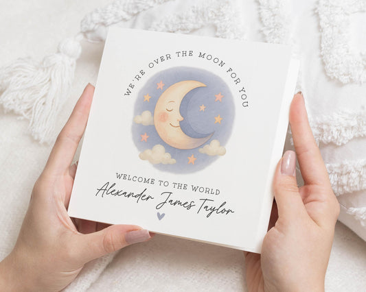 New Baby Card, Personalised Baby Card, Welcome To The World Card, Baby Boy Card, Over The Moon Card, Custom Name Baby Card