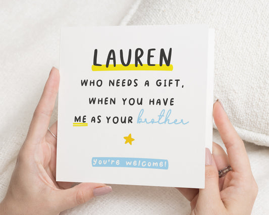 Birthday Card for Sister, Funny Birthday Card for Her, Personalised Sister Birthday Card, Brother to Sister Card, Custom Name Card