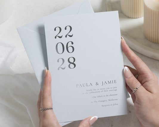 Powder Blue Silver Foil Wedding Invitations, Minimalist Date Wedding Invite, Elegant Typography Personalised Invitation
