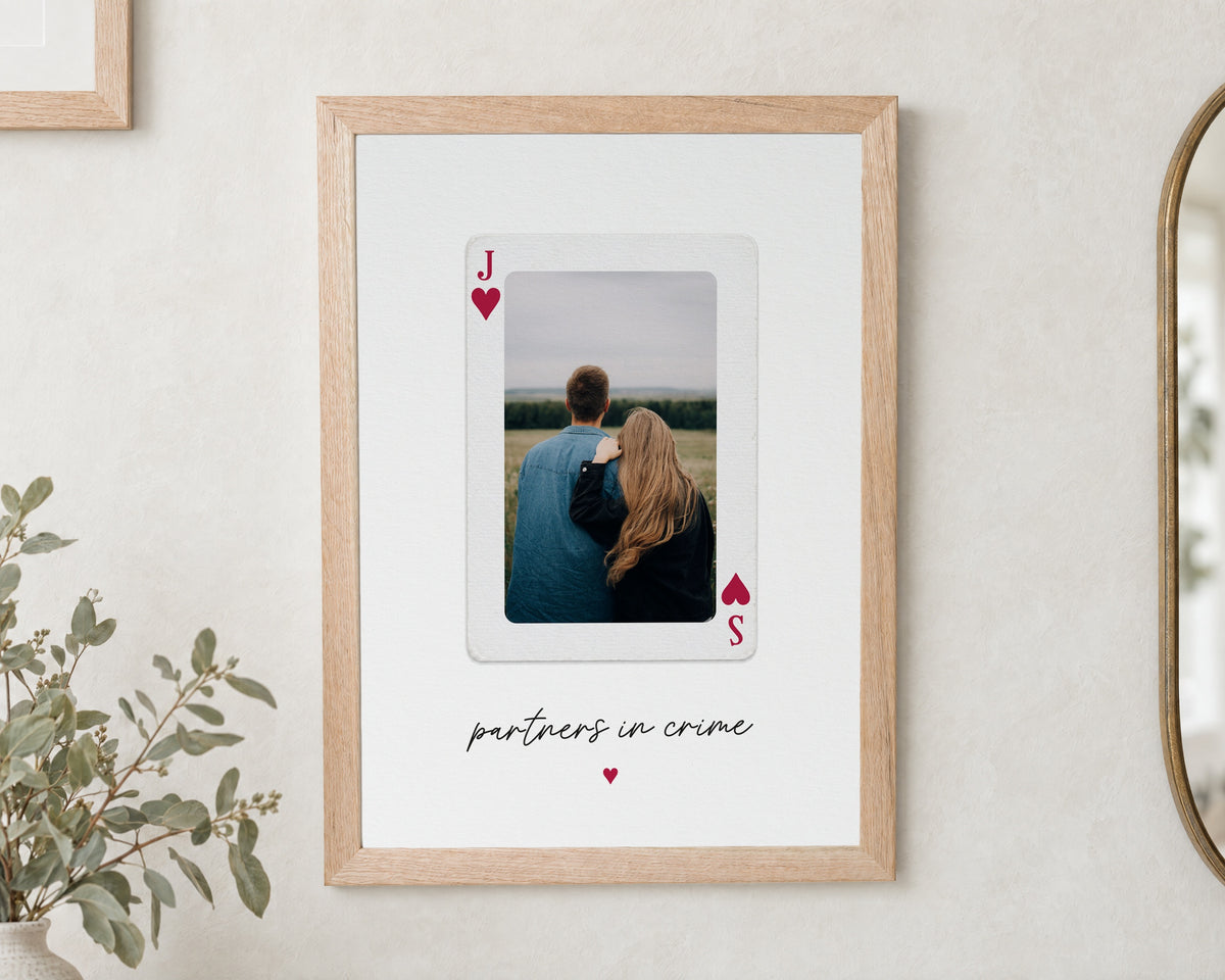 Personalised Couple Print From Your Photo, Playing Card Wall Art, Partners in Crime Print, Anniversary Gift, Gift for Couple, Oak Frame