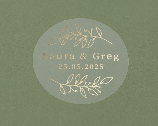 Personalised Wedding Sticker, Gold Foil Wedding Label, Custom Name Date Sticker, Envelope Seal, Wedding Favour Sticker