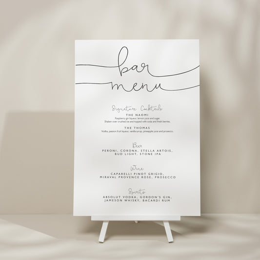 Script Calligraphy Wedding Bar Menu Sign, Minimalistic Wedding Signage, Drink Menu List Wedding Sign, Simple Wedding Sign, Modern &#39;Naomi&#39;