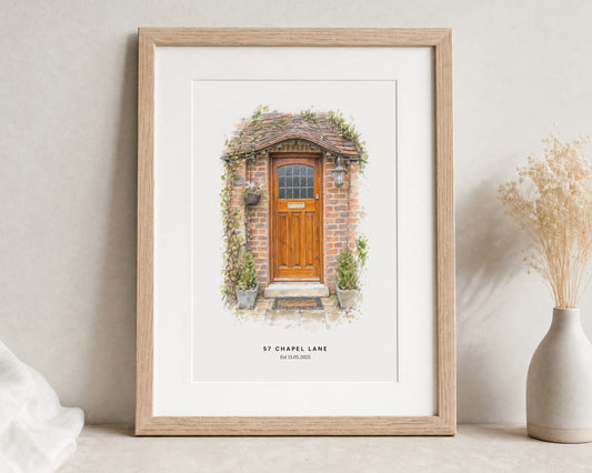 Personalised House Portrait Print, Custom Home Illustration, New Home Gift, House Warming Gift, First Home Wall Art, Oak Framed Print