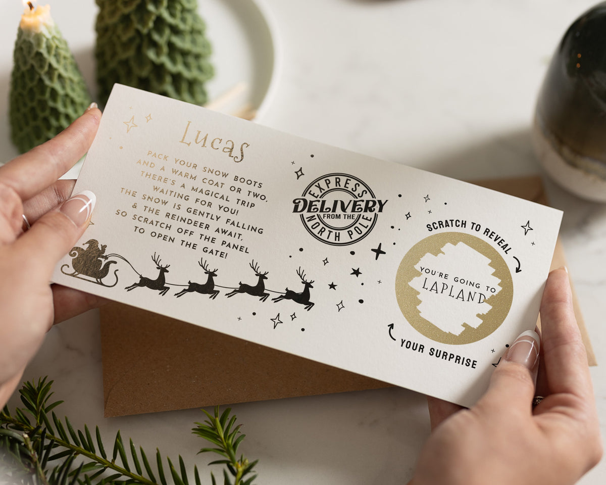 Lapland Trip Reveal Scratch Off Voucher, Christmas Gift Voucher, Personalised Holiday Reveal Card, Pack Your Bags Surprise
