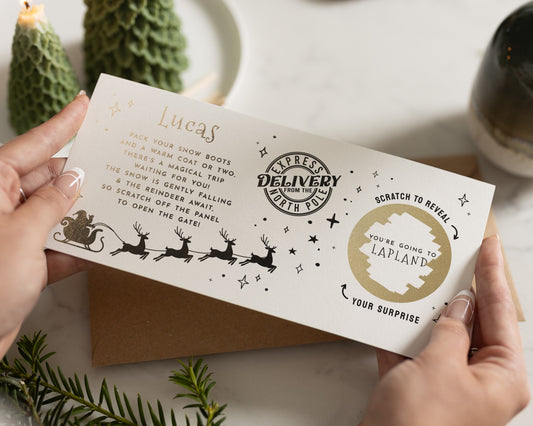 Lapland Trip Reveal Scratch Off Voucher, Christmas Gift Voucher, Personalised Holiday Reveal Card, Pack Your Bags Surprise