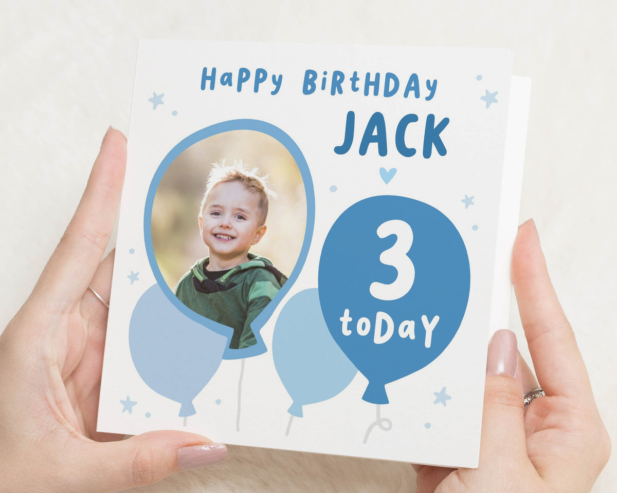 3rd Birthday Card for Boy, Personalised Photo Birthday Card, 3 Today Card, Third Birthday Card for Son, Nephew Birthday Card