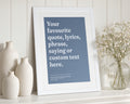 Personalised Quote Print, Custom Lyrics Wall Art, Blue Typography Poster, Gift for Her, Bedroom Wall Art, White Framed Print