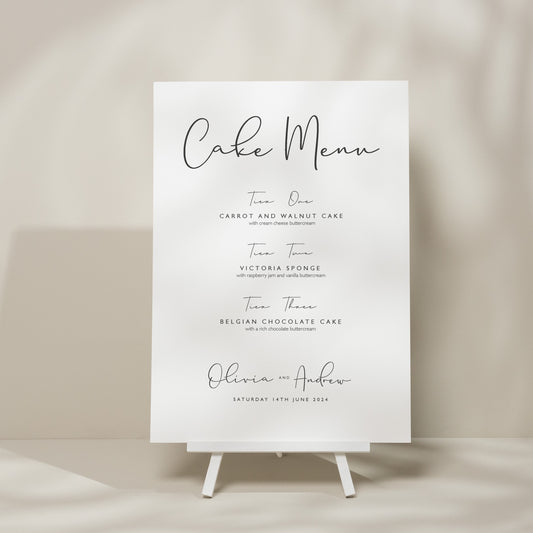 Elegant Simple Wedding Cake Menu Sign, Modern Wedding Sign, Minimalistic Wedding Cake Flavour Sign, Modern Wedding Stationery &#39;Olivia&#39;