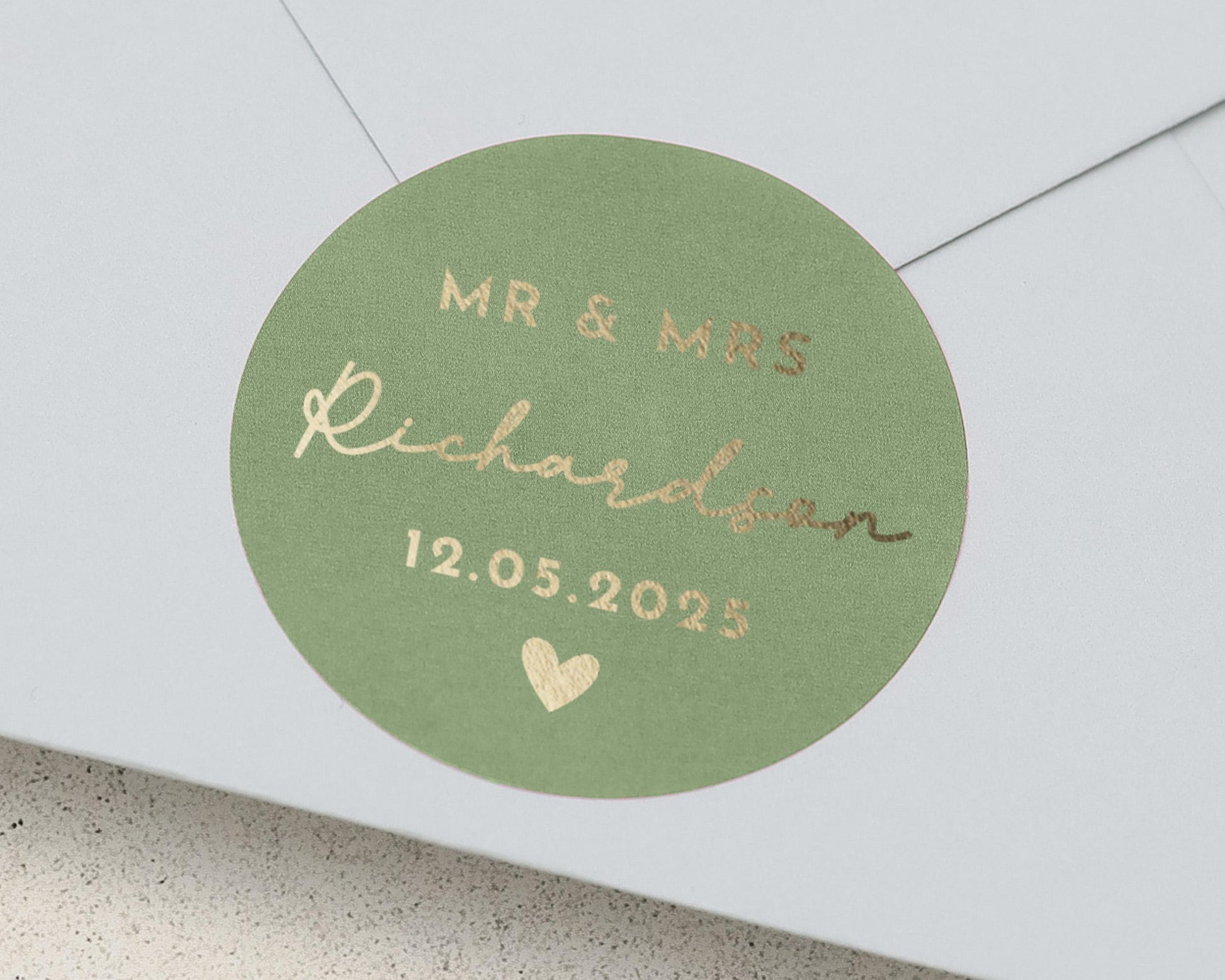 Wedding Envelope Seal, Personalised Wedding Sticker, Mr And Mrs Sticker, Gold Foil Wedding Label, Custom Name Sticker, Green Envelope Seal
