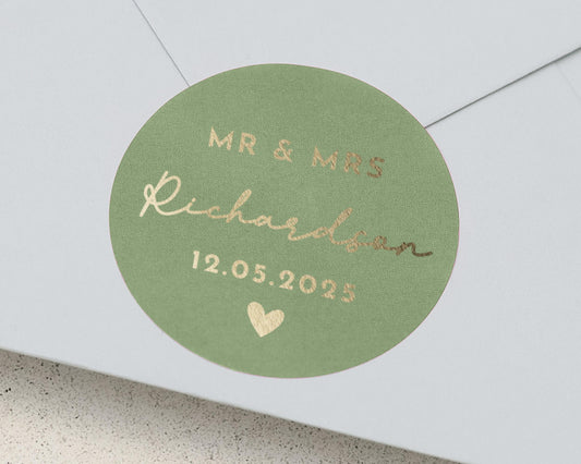 Wedding Envelope Seal, Personalised Wedding Sticker, Mr And Mrs Sticker, Gold Foil Wedding Label, Custom Name Sticker, Green Envelope Seal