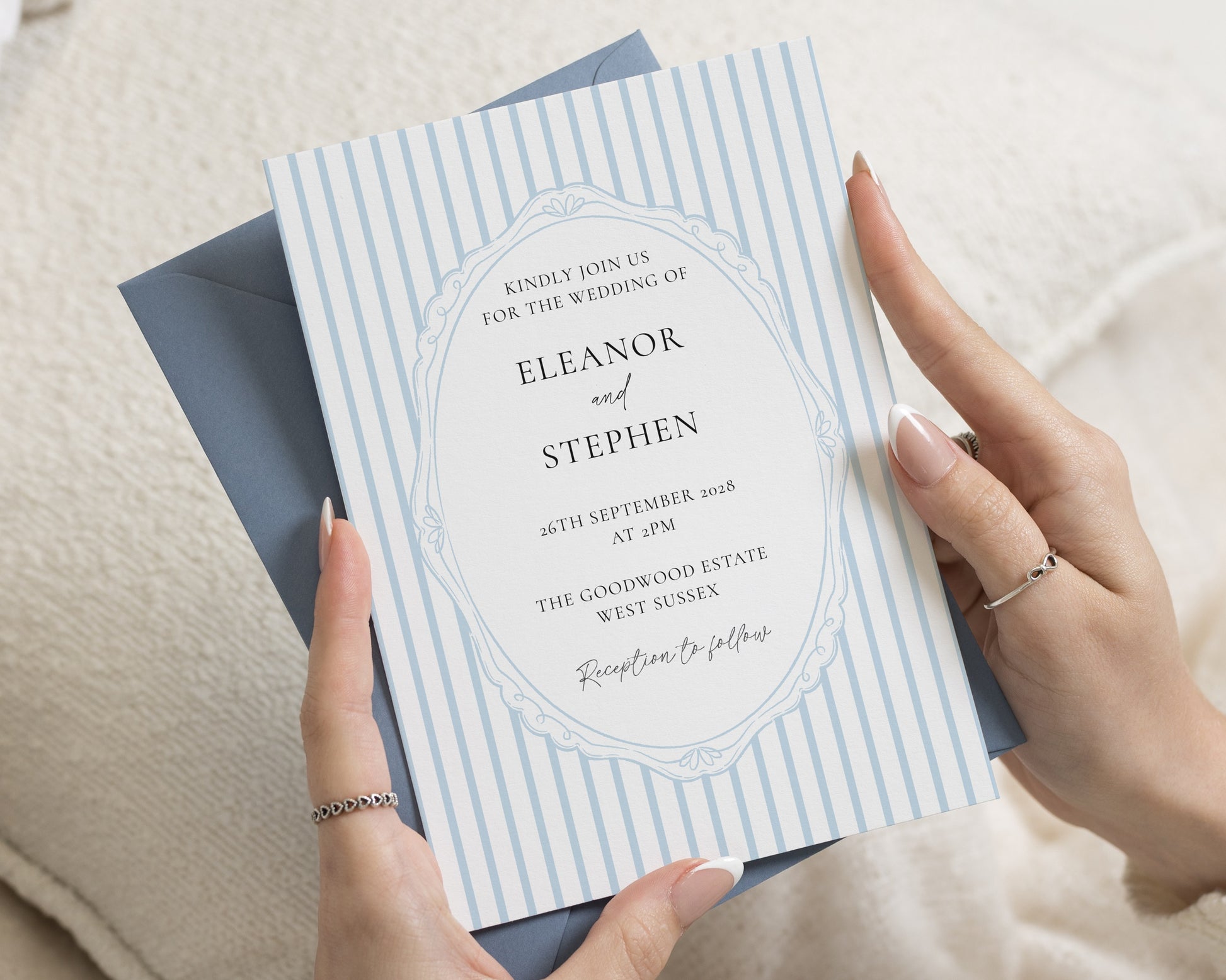 Blue Stripe Wedding Invitations, Elegant Classic Wedding Invite, Dusty Blue Personalised Wedding Invitation Suite, Formal Wedding Stationery