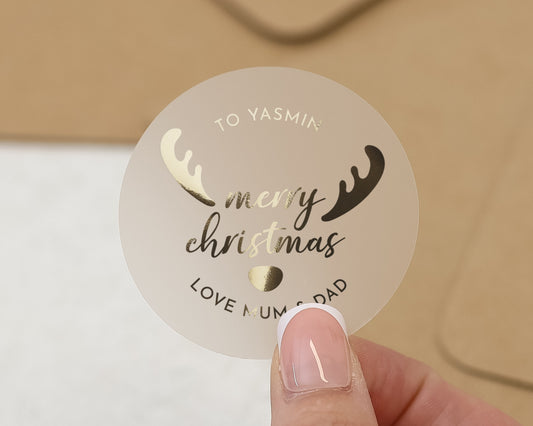 Personalised Christmas Sticker, Merry Christmas Sticker, Reindeer Sticker, Custom Name Sticker, Christmas Label, Gold Foil Sticker