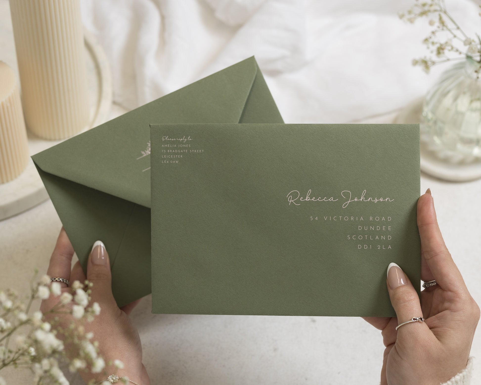 Olive Green Envelopes with White Ink Guest or Return Address Printing, C6, 5x7 or C5 Wedding Invitation Envelopes (Sage)