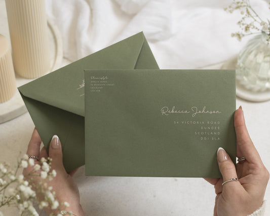 Olive Green Envelopes with White Ink Guest or Return Address Printing, C6, 5x7 or C5 Wedding Invitation Envelopes (Sage)