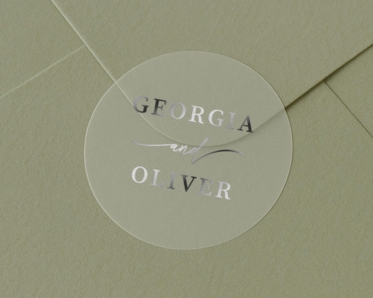 Personalised Wedding Sticker, Silver Foil Name Sticker, Custom Envelope Seal, Wedding Envelope Sticker, Transparent Wedding Sticker