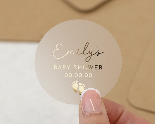 Baby Shower Sticker, Personalised Baby Shower Label, Custom Baby Shower Sticker, Gold Foil Baby Shower Sticker, Baby Shower Decor