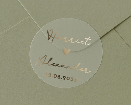 Personalised Wedding Sticker, Gold Foil Envelope Seal, Custom Names and Date, Wedding Favour Sticker, Engagement Party Sticker